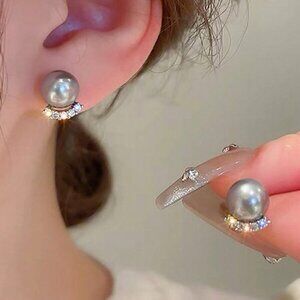Grey Natural Pearl & Crystal Stud Earrings